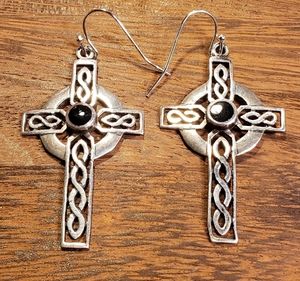 Sterling silver cross and onyx earrings